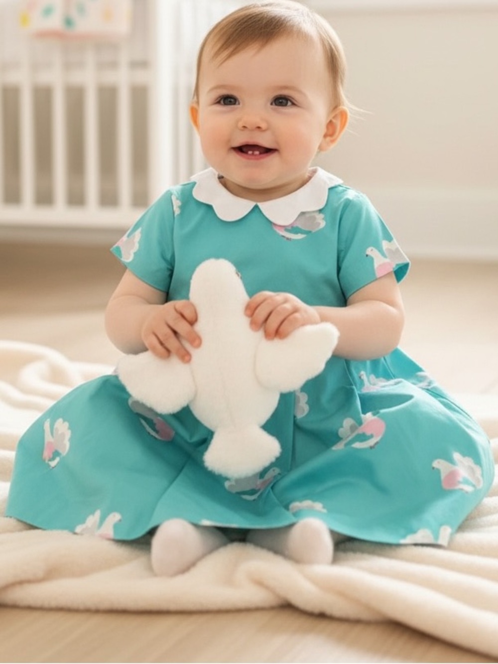 Jacadi Girls' Pleated Bird-Print Dress with Peter Pan collar